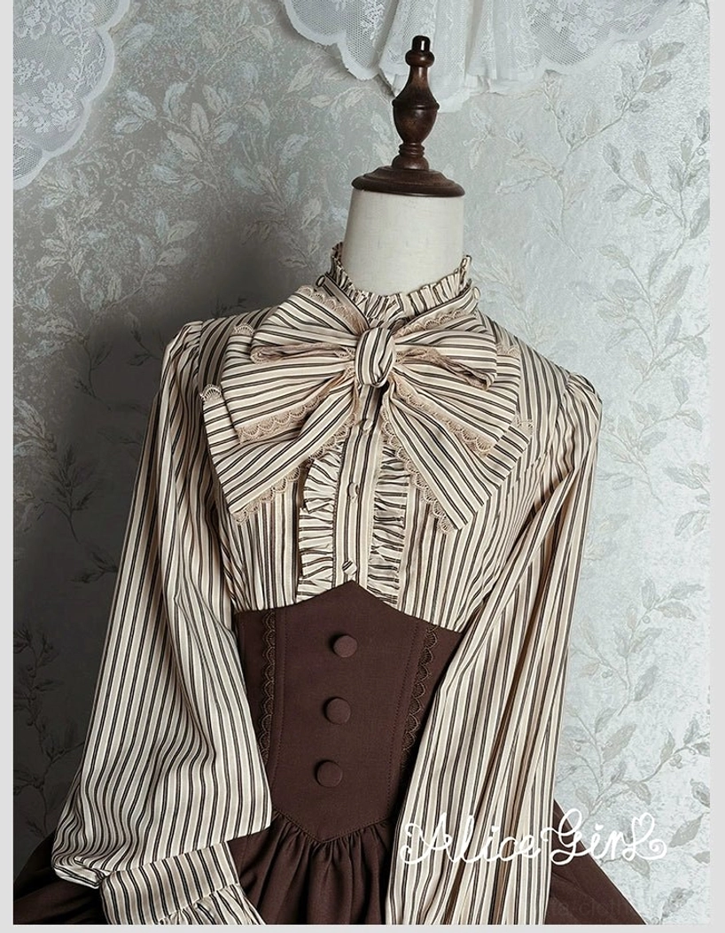 Sleeve ruffle and cuff construction detail of striped lolita blouse showing craftsmanship