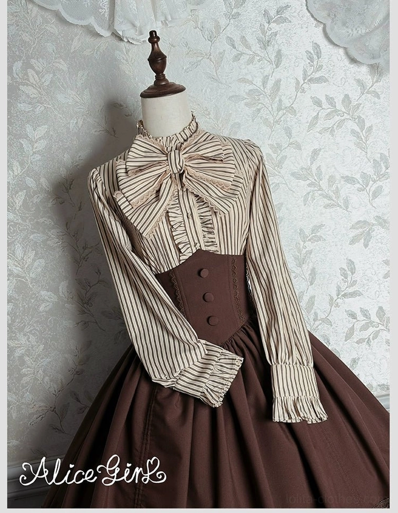 Vintage floral backdrop styling of gray-blue striped lolita blouse creating period aesthetic
