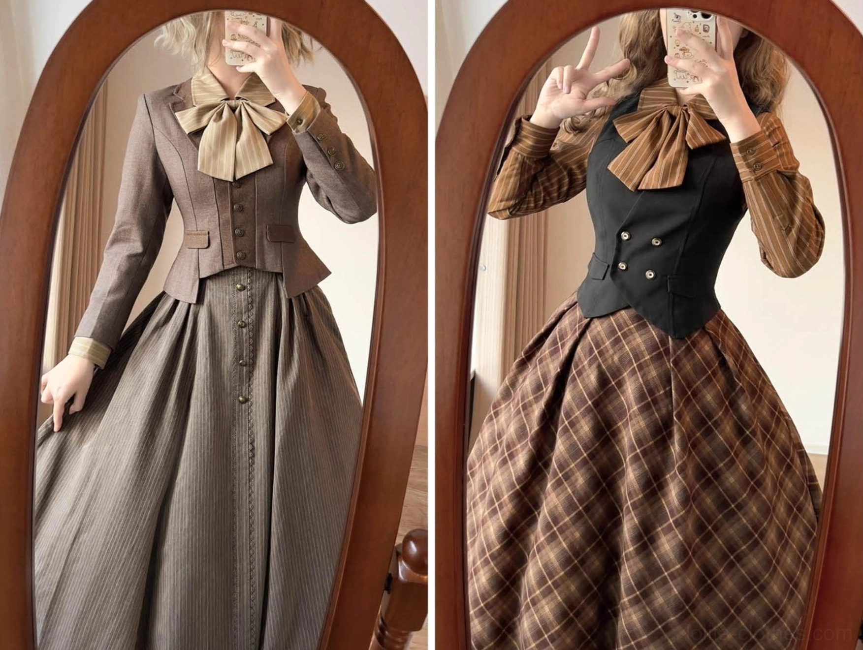Striped Lolita blouse waist-cinching silhouette detail, tailored hourglass shape, ruffled button placket, side view construction