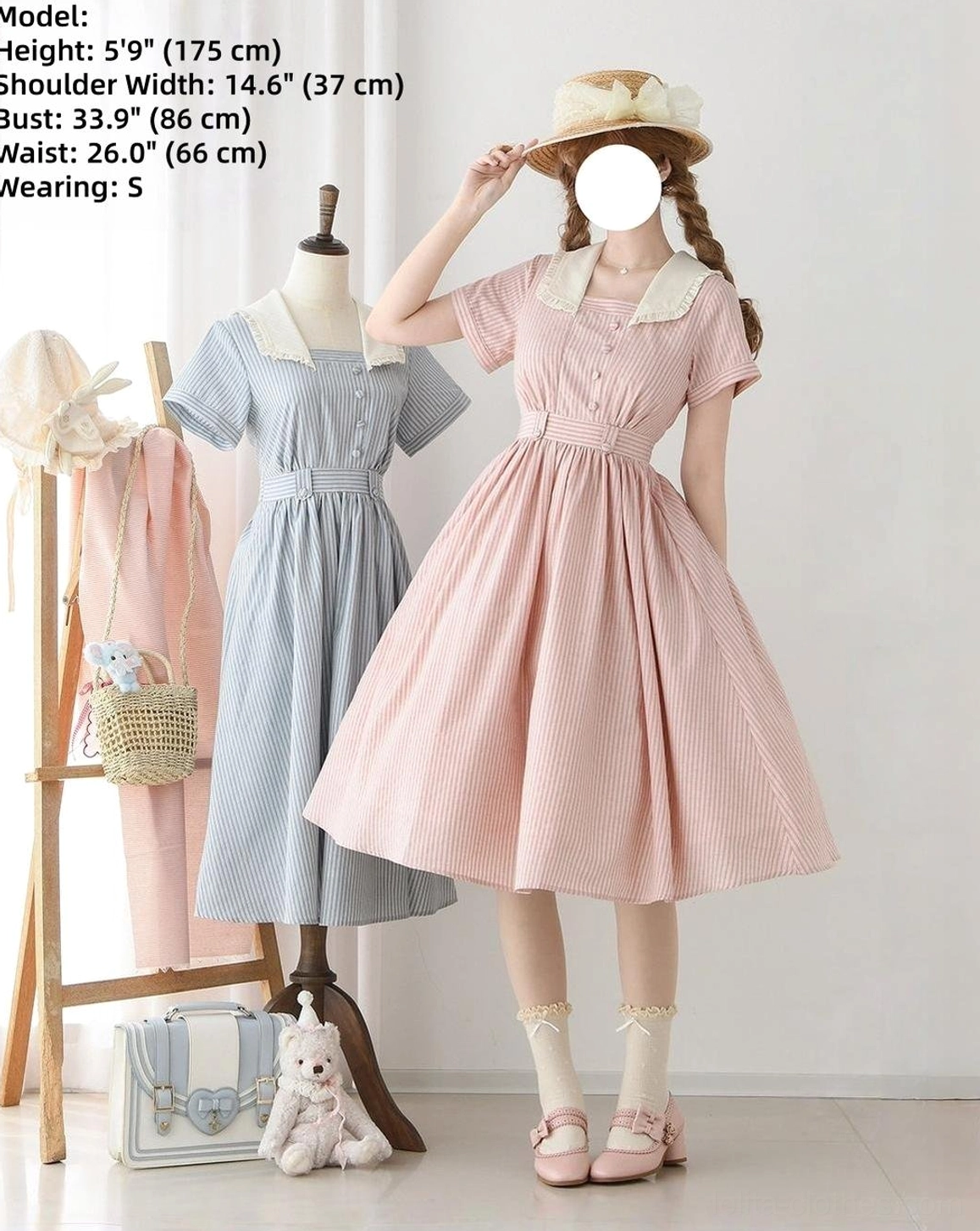 Display of two striped Lolita OP dresses with real model wearing pink version, showing styling possibilities, size reference, and vintage boutique studio setting