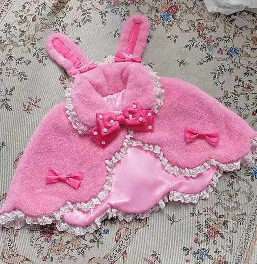Strong pink plush Lolita cape with matching strong pink pearl bow rabbit ear design sweet