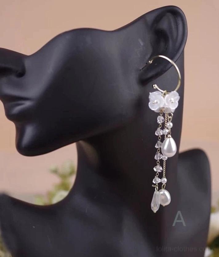 Style A Classic Lolita 3D faux flower pearl rhinestone dangle earring stud post worn on ear mannequin side view showing dimensional white flower cluster teardrop pearl tassel and gold chain details