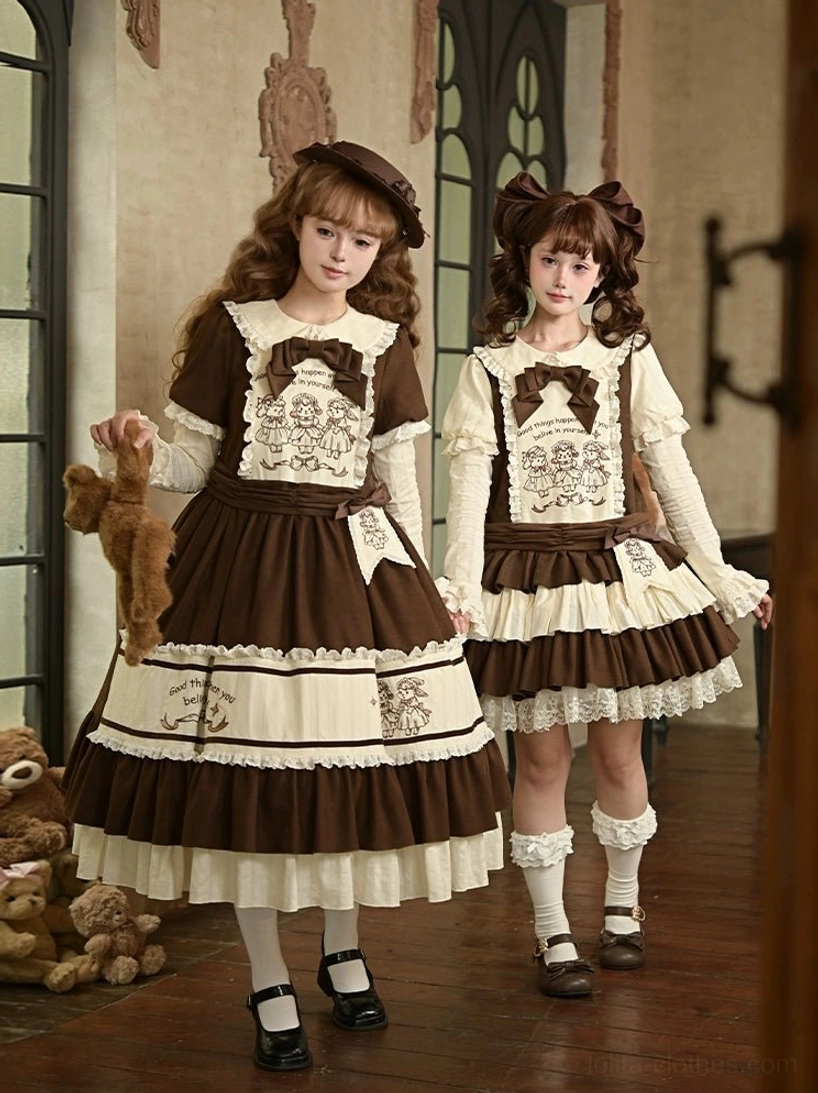 Sugar Frost Tale Lolita OP dress front dual-model full-body view brown cream color-blocking with lamb bunny embroidery lace ruffles vintage setting