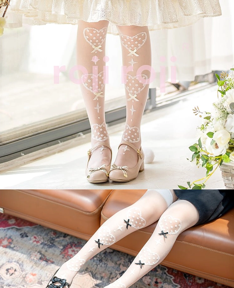 Product photograph of summer Lolita knee socks highlighting sheer delicate construction and charming bow heart motif print design details