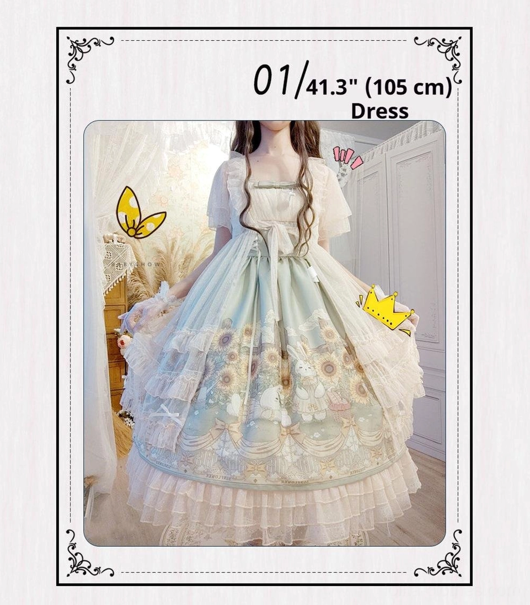 Sunflower floral print long lolita dress with hoop petticoat styling