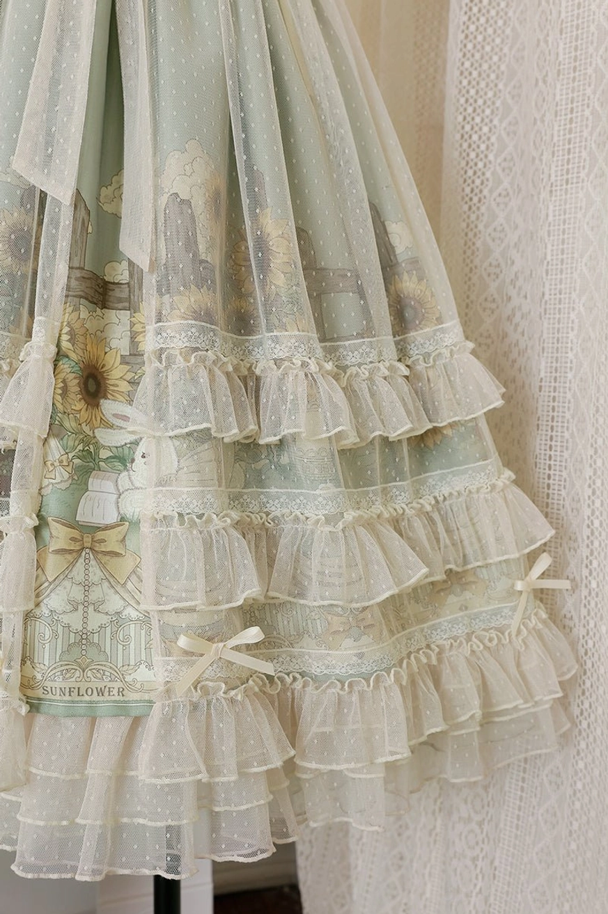 Sunflower lolita JSK dress coordinate inspiration showing complete outfit styling with blouse accessories petticoat and shoes for sweet lolita fashion coordination
