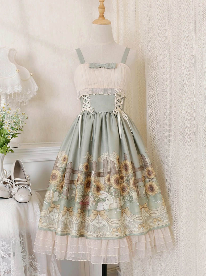 Sunflower printed lolita jumper skirt layered styling flat lay showing JSK dress separate tulle overlay and blouse coordination options for versatile dressing