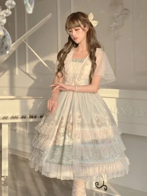 Classic sunflower lolita jumper skirt three-quarter standing shot on model with square neckline and layered tulle skirt with light blue trim in white piano studio