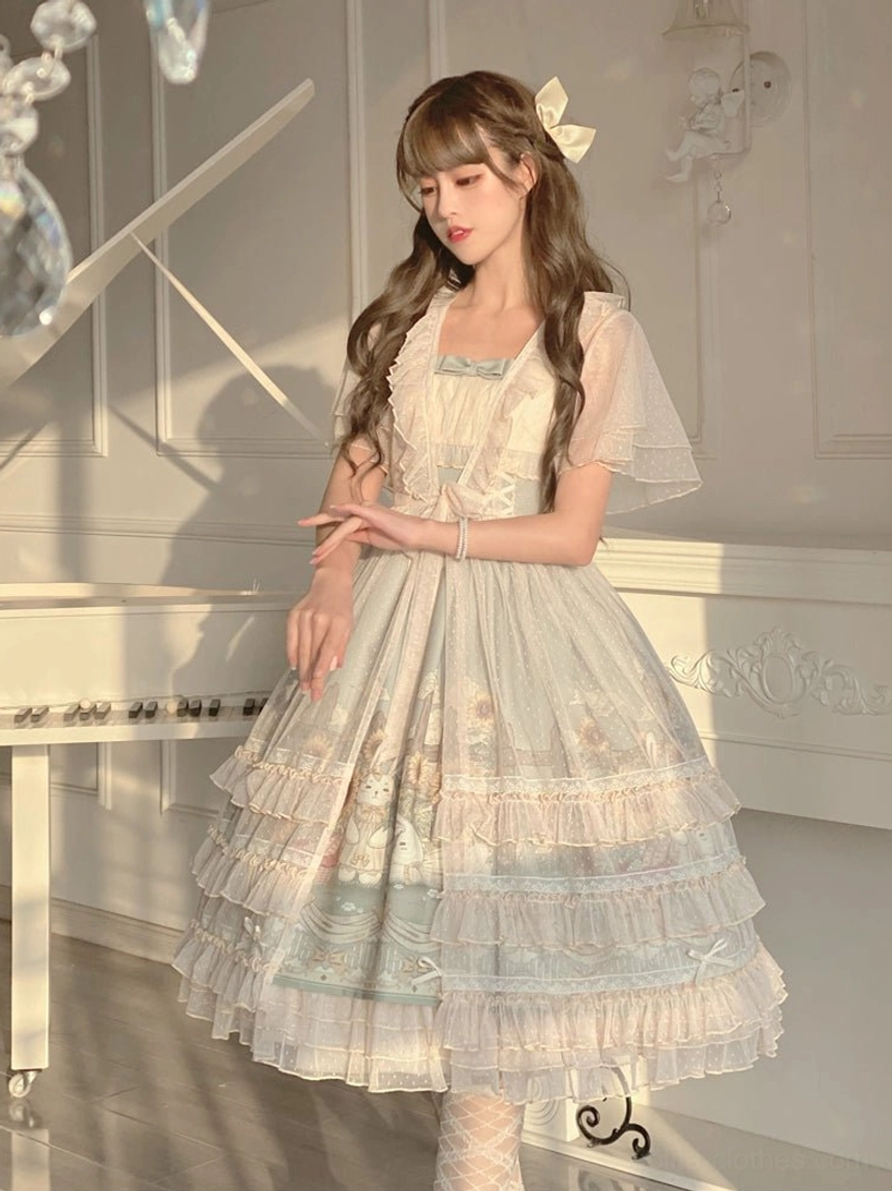Classic sunflower lolita jumper skirt three-quarter standing shot on model with square neckline and layered tulle skirt with light blue trim in white piano studio