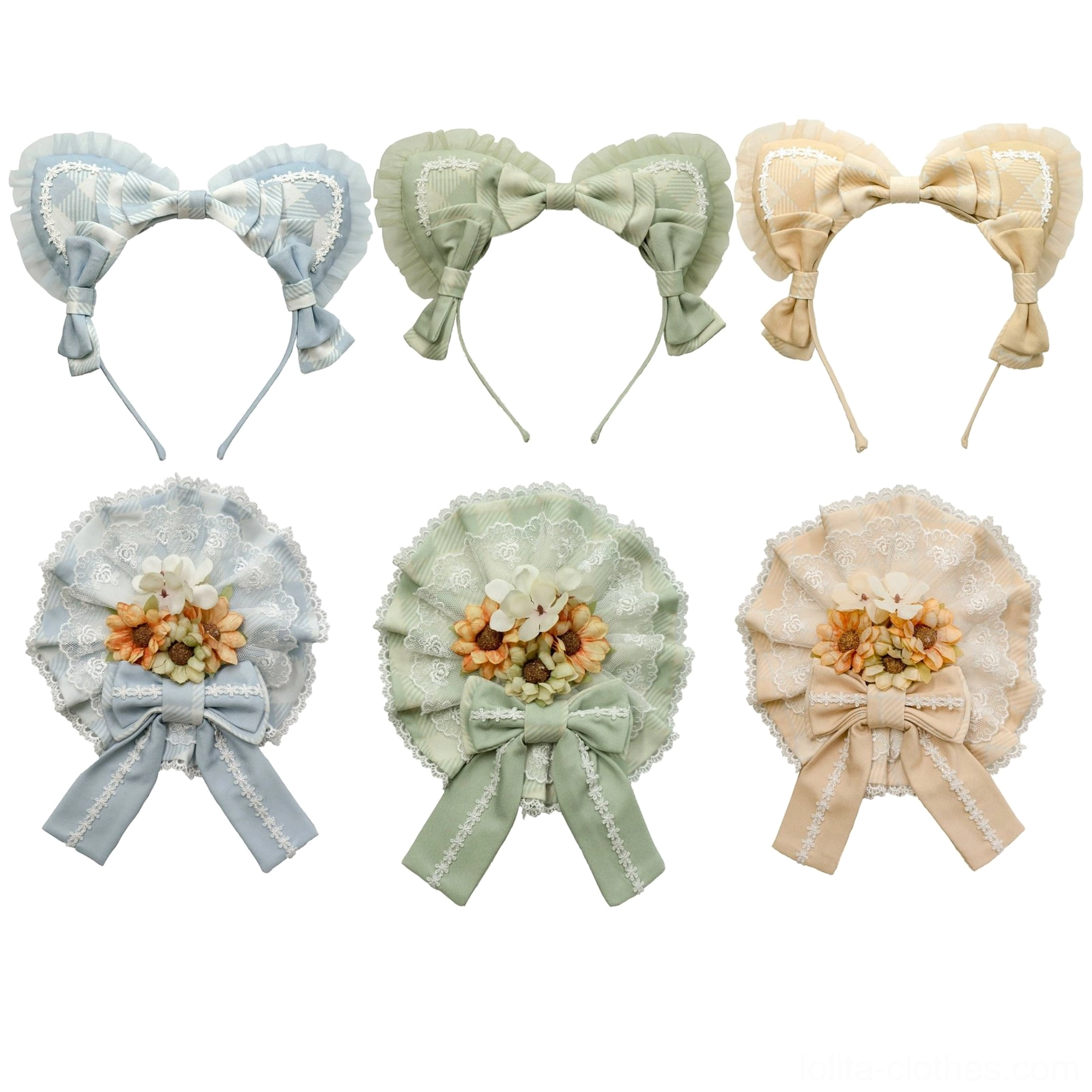 Complete sunny cat sweet lolita accessory collection display featuring cat ear KC headbands in multiple pastel colors and coordinating flower brooches