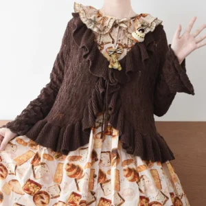 Sunset Bouquet Lolita cardigan with diamond openwork knit and ruffled hem in dark brown color, overhead flat lay view showing delicate knit texture and flounce details paired with vintage bread print sweet lolita dress