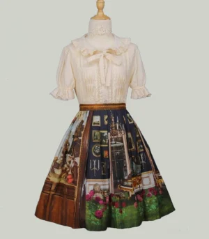 Lolita coordinate styling with beige puff-sleeve bow tie blouse and vintage printed skirt, full-length dress form display showing complete sweet Lolita aesthetic with waist belt