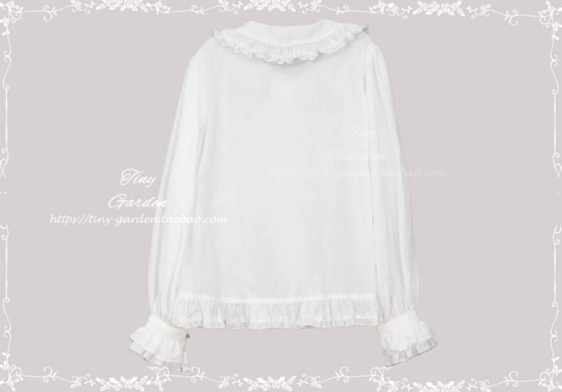 Long-sleeve white Lolita blouse back view showing ruffled collar and sleeve cuffs, flat lay rear product photography highlighting back construction details