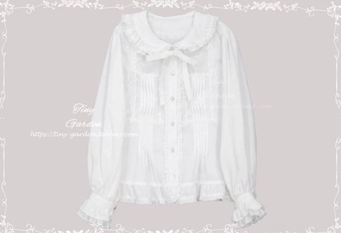 Long-sleeve white Peter Pan collar Lolita blouse with removable bow tie, front view showing corrugated pleats and lace accents, flat lay product display