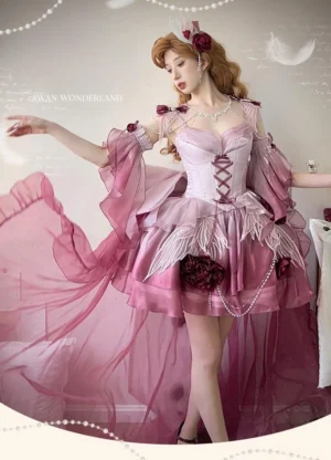 Swan Wonderland fairy lolita JSK high-low hem jumper skirt full body front view model wearing size M pink to wine-red gradient organza skirt with lace-up corset
