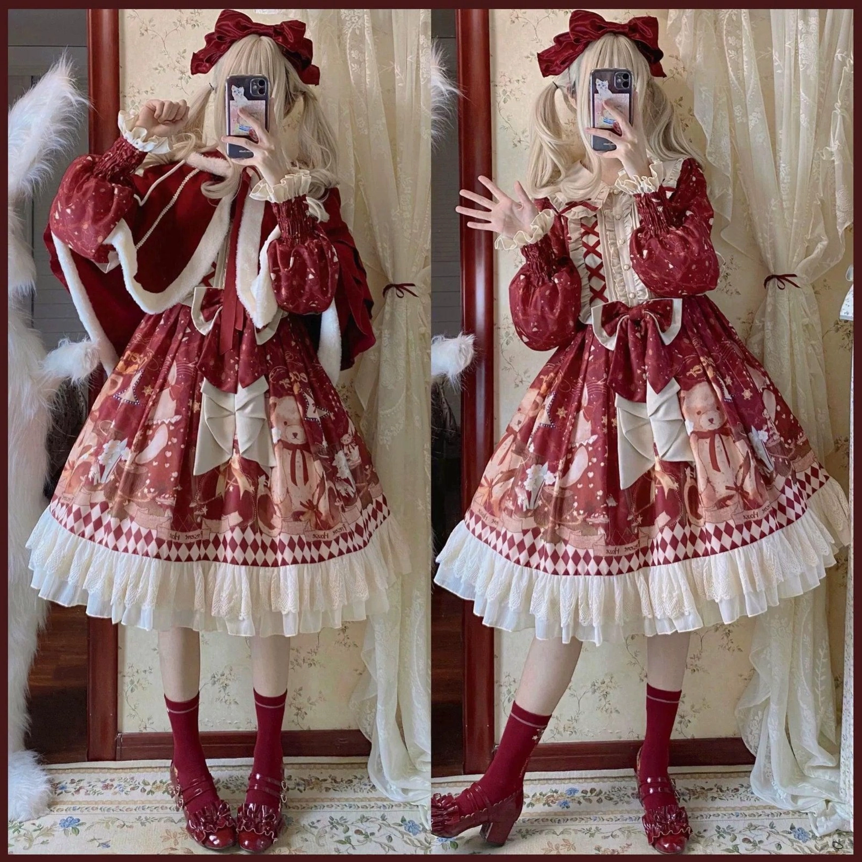 Sweet bear Christmas lolita OP dress front view on model wearing wine red dress with teddy bear print white ruffled hem Peter Pan collar red bow
