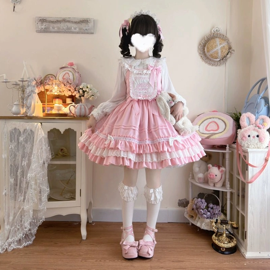 Black white sweet Lolita JSK dress full body front view contrast color scheme embroidered chest panel ruffled hem black platform loafers tattoo tights