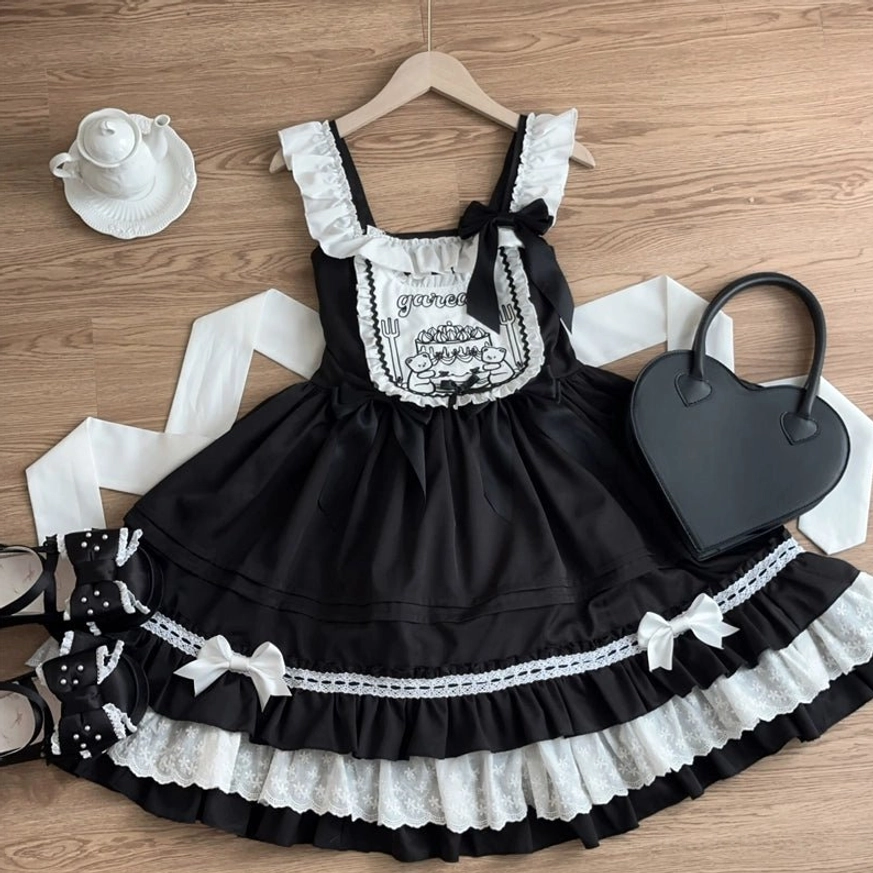 Sweet Lolita JSK dress bow strap accents shoulder double colored ribbons kawaii fashion design details decorative elements