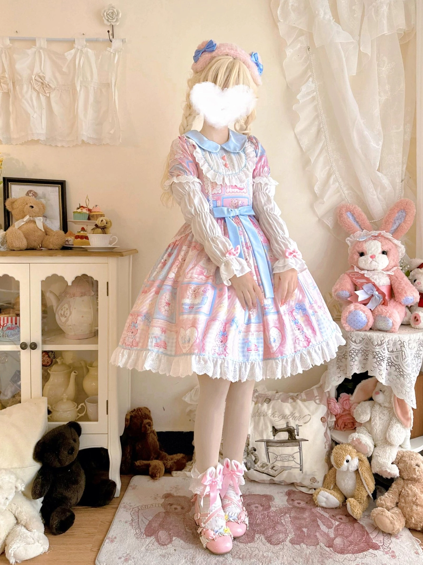 Back view of Sweet Bunny Bear Lolita OP dress highlighting corset lacing detail, lace ruffled hemline construction, and overall dress silhouette and structure