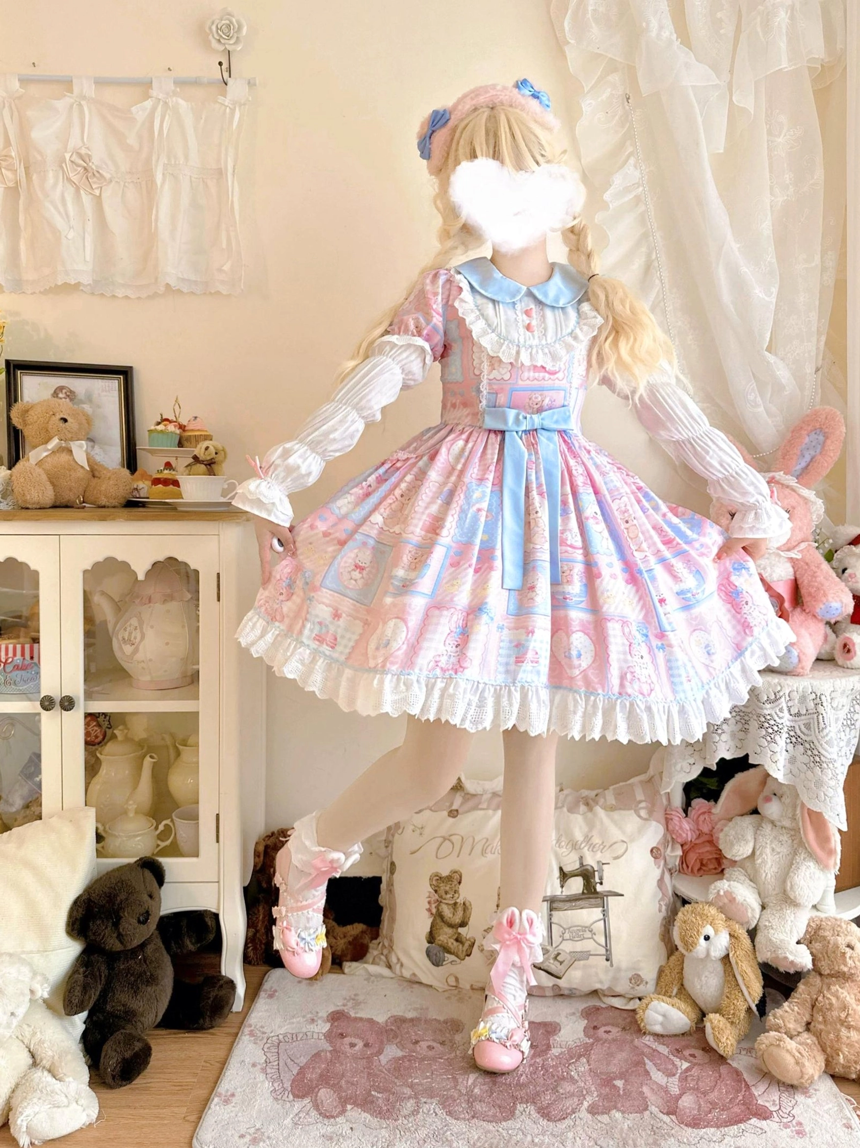 Detachable long sleeves for Sweet Bunny Bear Lolita OP dress displayed separately, showing elasticized cuff with pink bowknot, construction quality, and winter layering potential