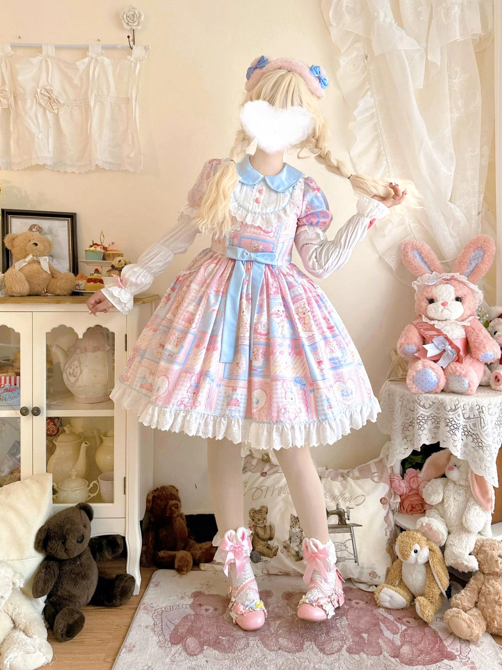 Sweet Bunny Bear Lolita OP dress short sleeve base garment detail view showing Peter Pan collar construction, heart-shaped button placement, and four-sided elastic fabric quality