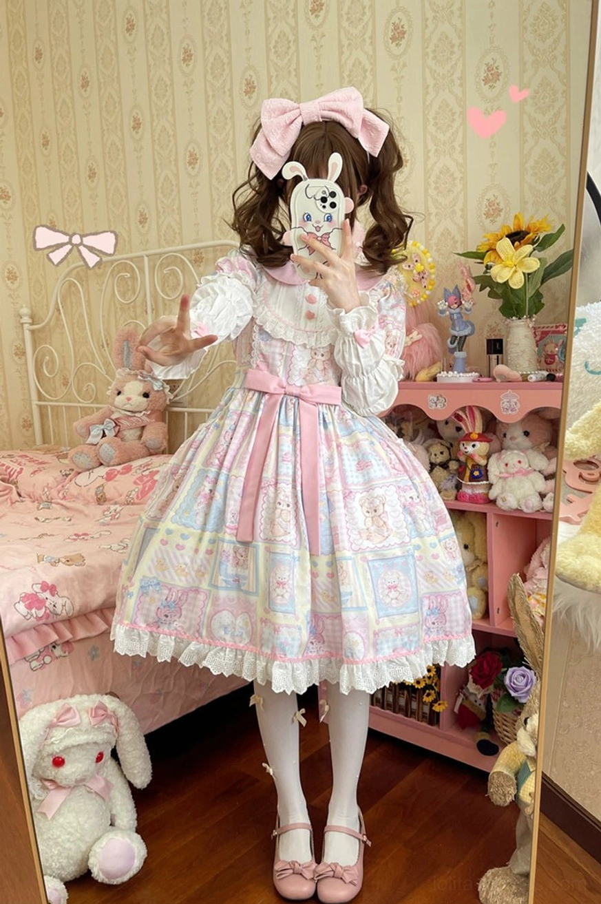 Mirror front three-quarter angle of Sweet Bunny Bear Lolita OP dress with ruffled collar, pink waist belt detail, matching pink flats, featuring pastel patchwork print and bunny phone case accessory
