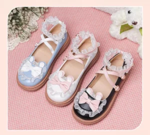 Three pairs sweet bunny lolita Mary Jane shoes ruffled ankle collar bow embellishments cross buckle straps thick rubber outsole pink checkered backdrop