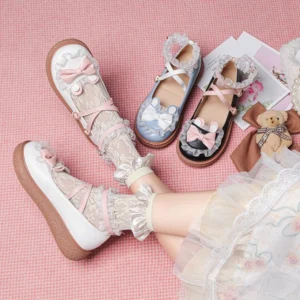 Sweet bunny Mary Jane lolita flat shoes in white blue and black colorways overhead flat lay with teddy bear bow decorations cross buckle straps