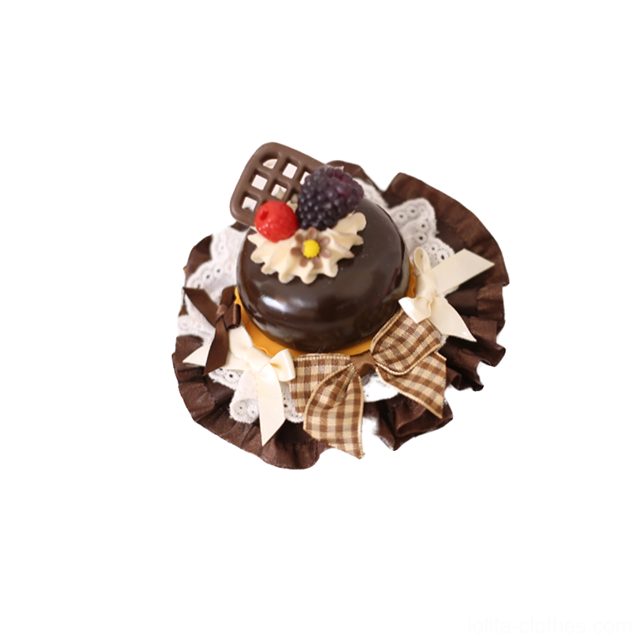 Sweet cake Lolita hairpin size #10 variant with elaborate embroidery lace trim miniature cake charms and color-coordinated accessories for fashion coordination
