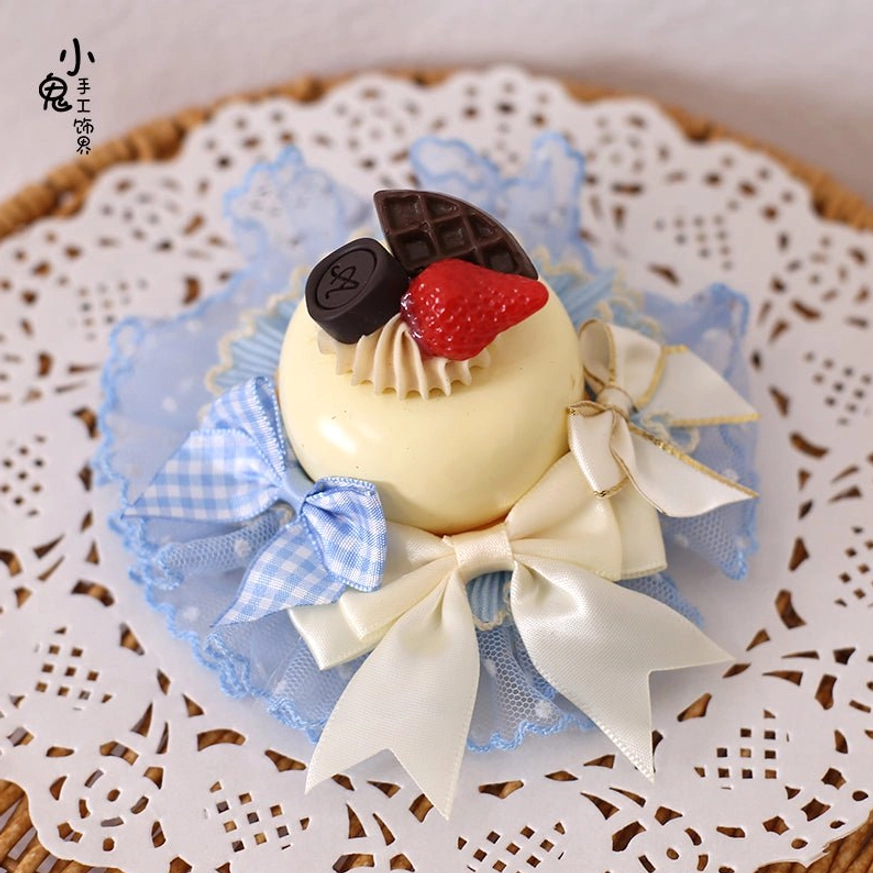 Sweet cake Lolita hairpin size #5 headdress featuring delicate lace trim embroidered details and fruit-themed charms for Lolita fashion coordination