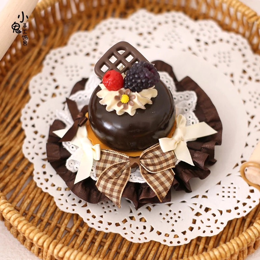Sweet cake Lolita hairpin size #6 with realistic mousse cake design embroidered lace flowers and delicate butterfly accessories for hair styling