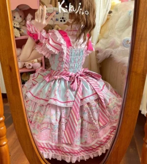 Sweet lolita JSK dress back view mirror selfie showing shirred bust striped ribbon waist sash layered ruffled skirt and large back bow