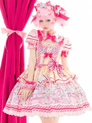 Sweet carnival amusement park printed JSK dress front view on model wearing pink twin-tail hairstyle with ruffled sleeves lace trim and pink bows