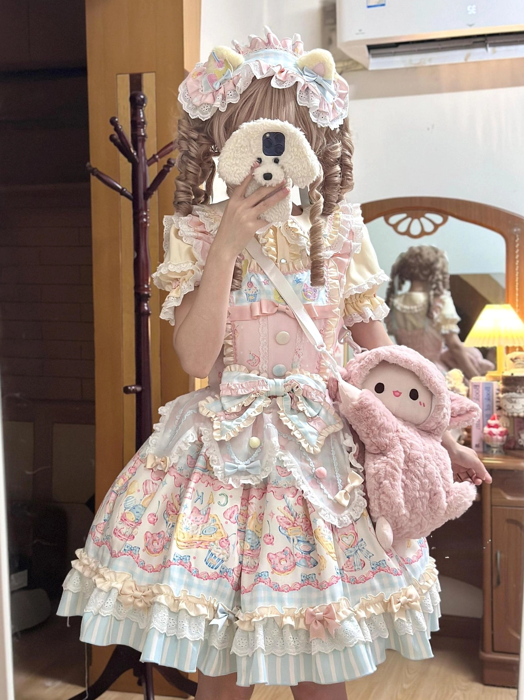 Sweet cat fruit candy lolita jsk dress pastel dessert print front half-body view model mirror dressing room