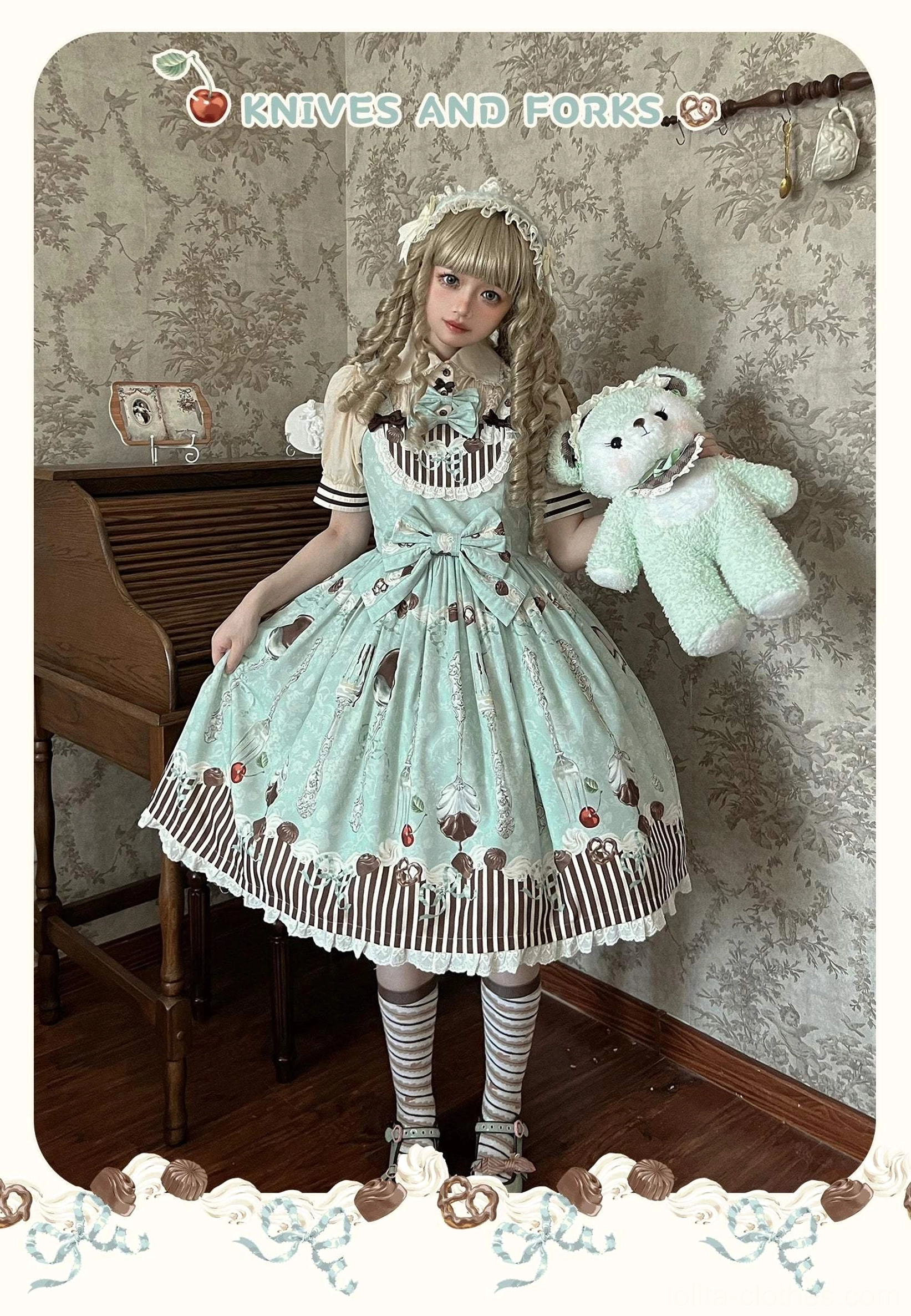 green dessert themed lolita jumper skirt three quarter side angle mint base with plush teddy bear accessory