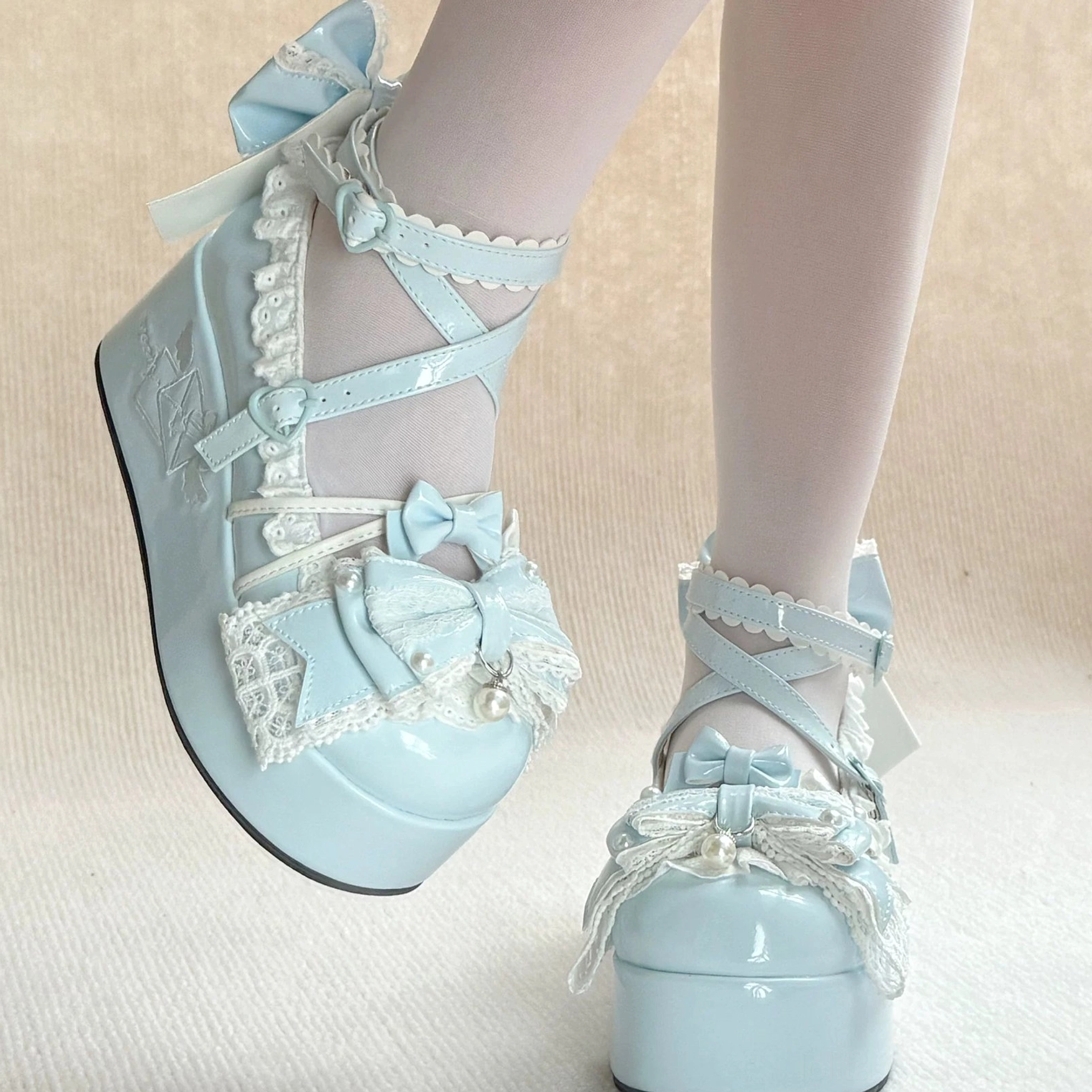 Sweet Dream Letter platform heels showcase displaying multiple colorways available, color options for black, baby blue, cream white, pink, and yellow with consistent design elements across all