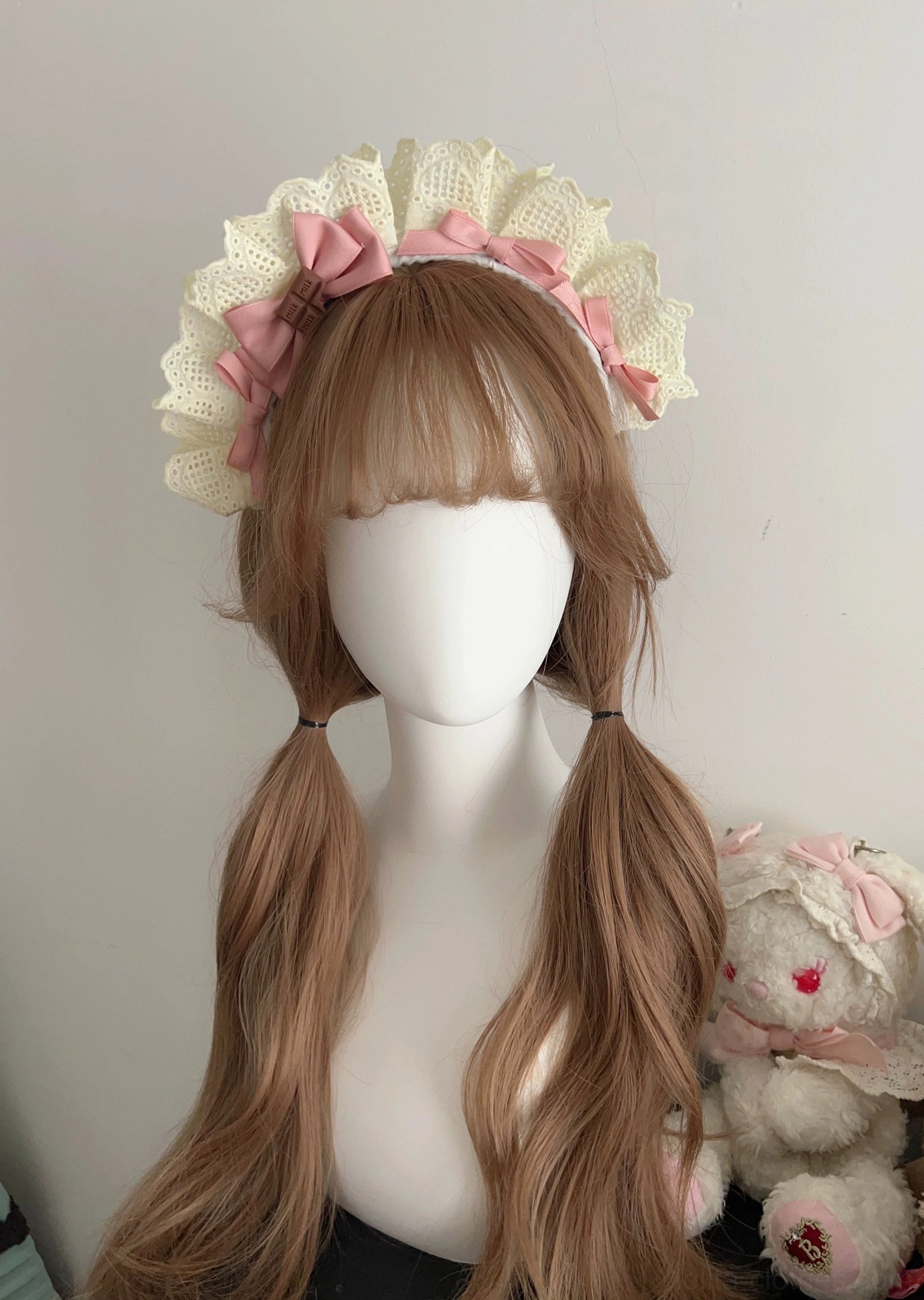 Coordinating lolita accessories collection, bear ear headband, bear brooch, KC socks, completing sweet maid-style JSK dress ensemble