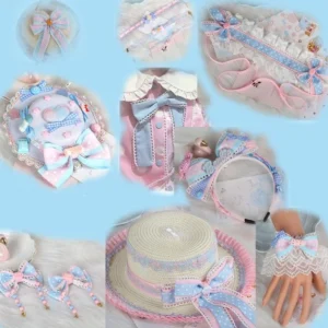 Sweet Lolita full accessory collection flat lay display featuring pink and blue dual-tone headdresses, bows, lace hair ornaments and decorative pieces on light blue fabric background