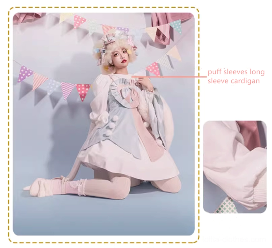 Alternative sweet lolita dress style kneeling pose puff sleeve long cardigan pink blue color blocked silhouette