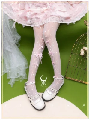 White sweet Lolita argyle print tights with pink satin bows paired with pink ruffled Lolita skirt and white Mary Jane shoes showcasing sheer white tights with diamond argyle lines and tiny heart patterns