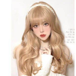 sweet-lolita-ash-blonde-long-wavy-wig-air-bangs-white-ruffled-hairband-layered-necklaces-off-shoulder-styling