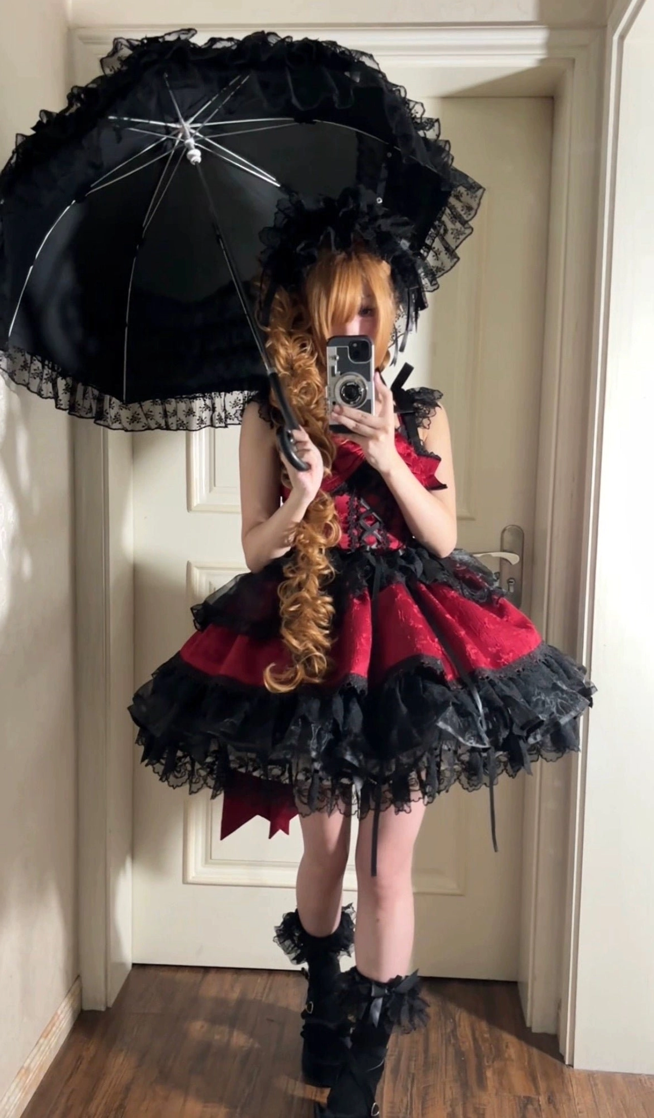 Sweet lolita ballet-style jumper dress JSK apricot variant complete outfit with accessories coordinate