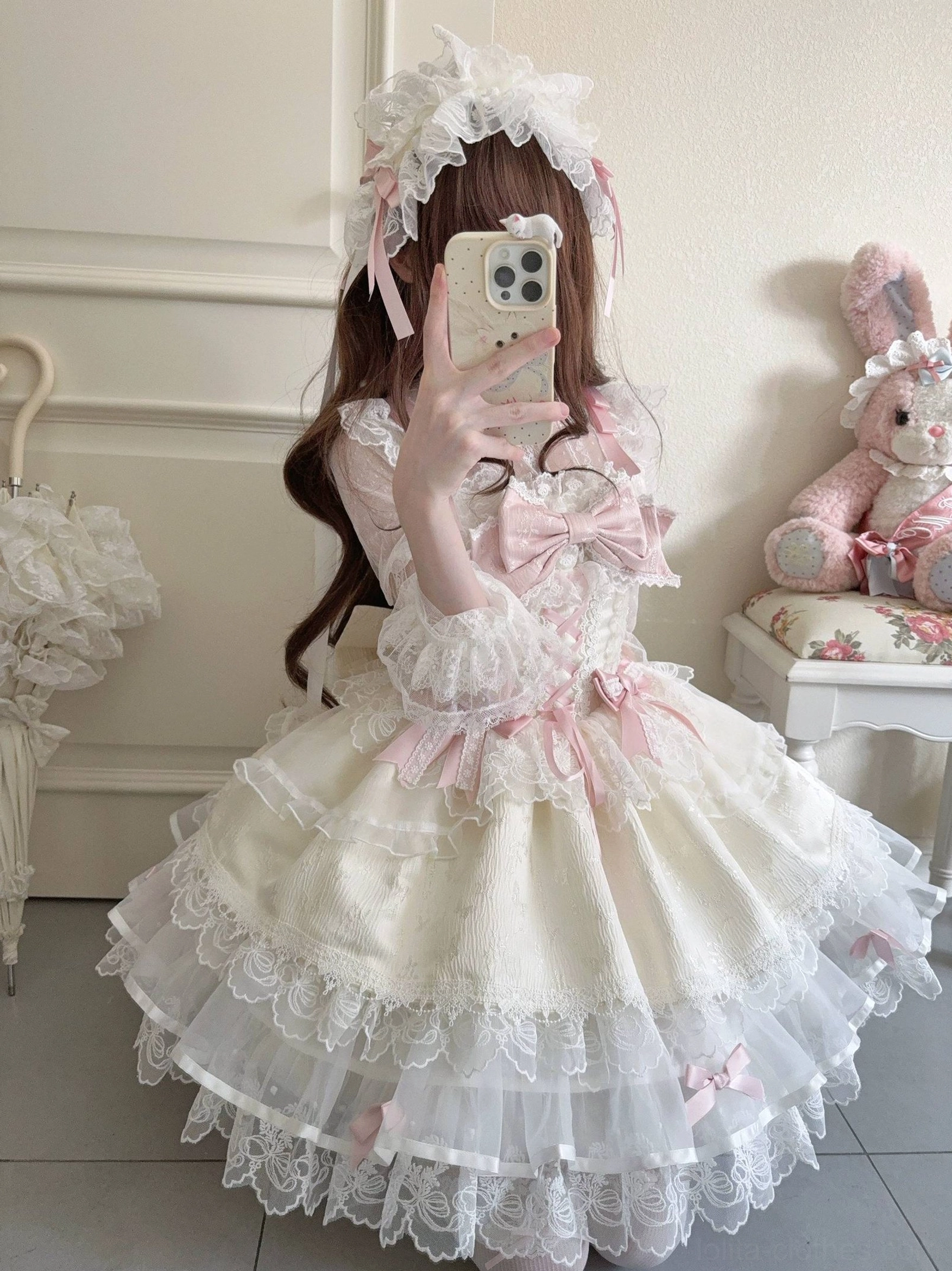 Sweet lolita ballet-style jumper dress JSK apricot variant complete set trailing headband coordinate