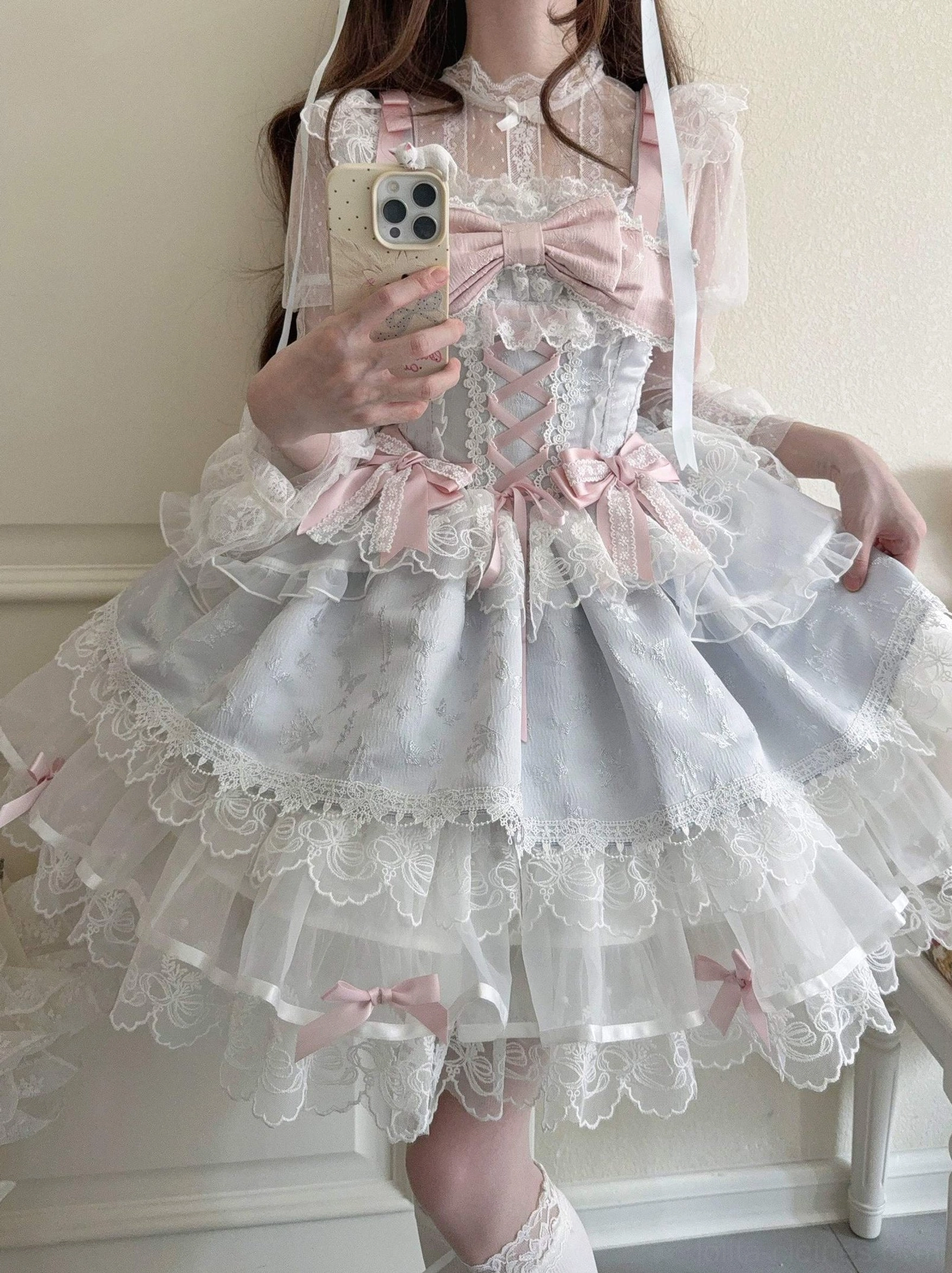 Sweet lolita ballet JSK apricot color variant dress form front full view large bow chest accent