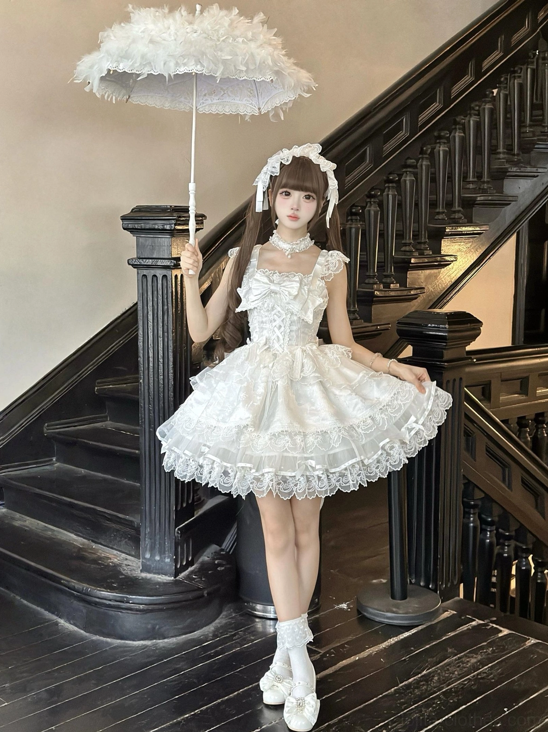 Sweet lolita ballet-style jumper dress JSK blue variant back view oversized bow lace-trimmed layers