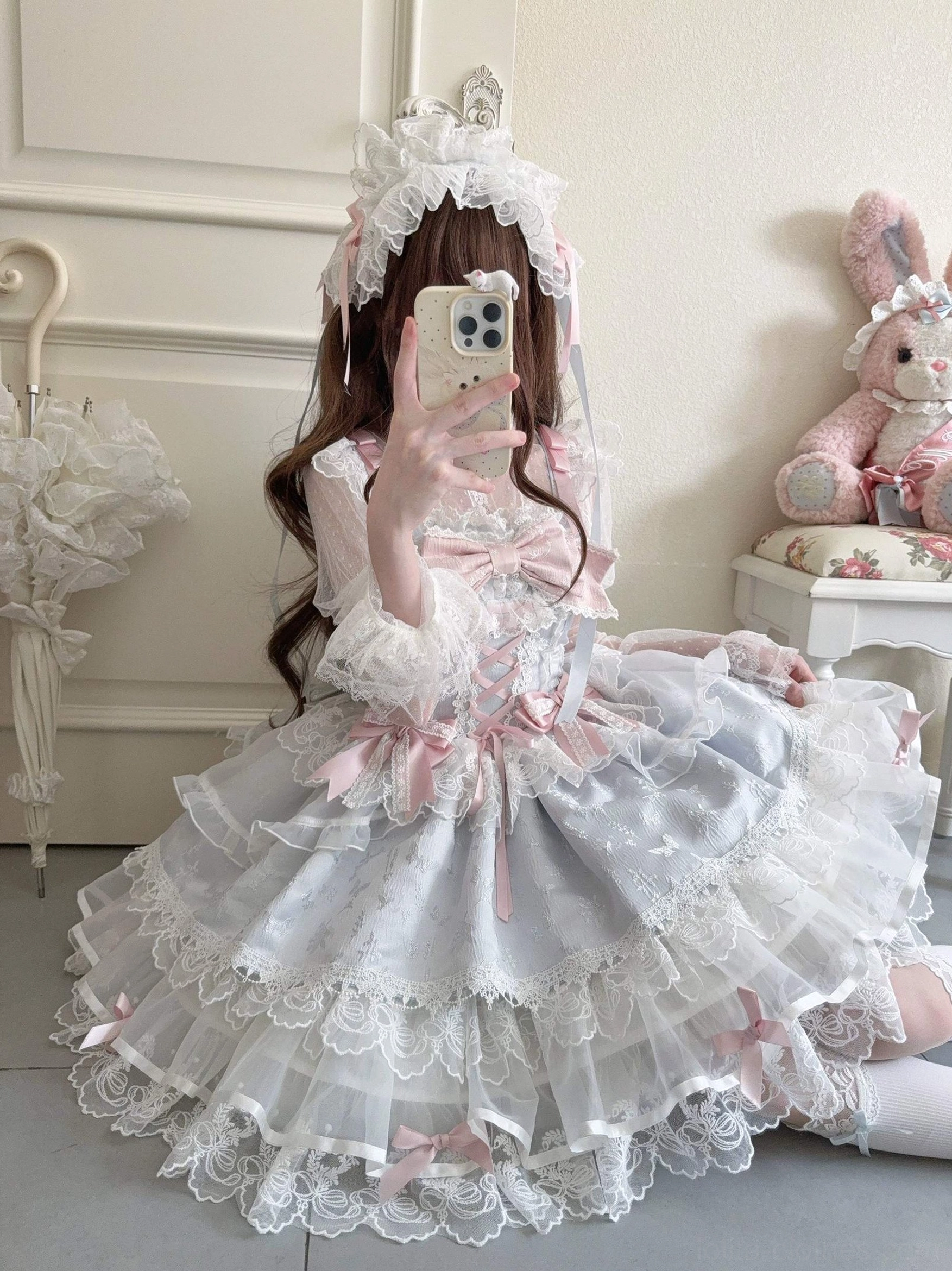 Sweet lolita ballet-style jumper dress JSK blue variant complete outfit trailing headband set