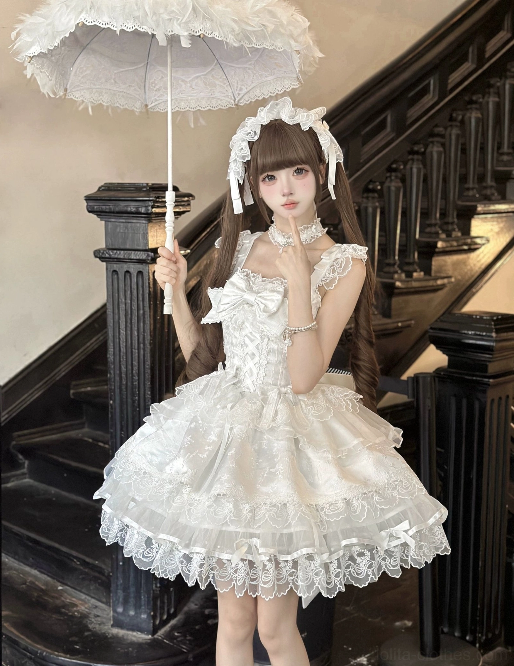 Sweet lolita ballet JSK blue color variant dress form front three-quarter angle layered design