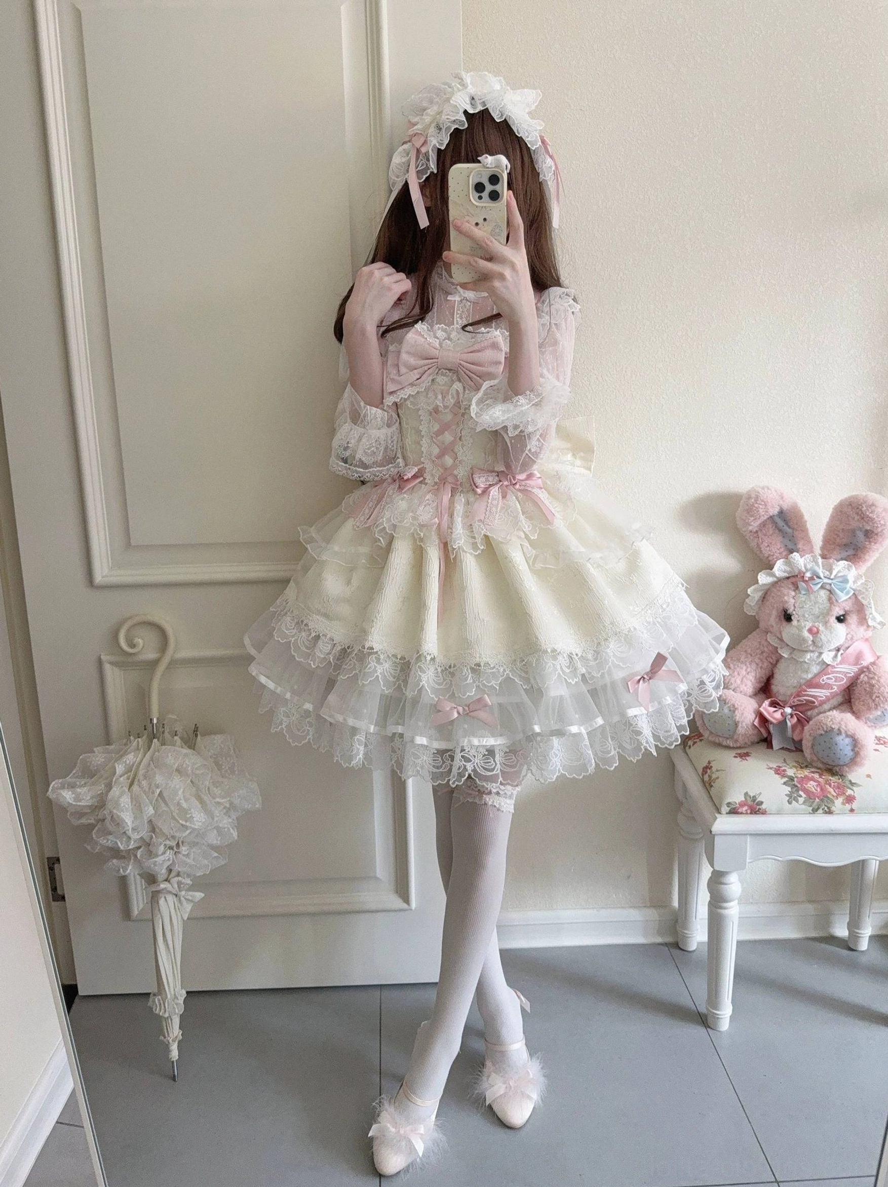 Sweet lolita ballet jumper dress JSK detachable headband hair accessory coordinating set styling
