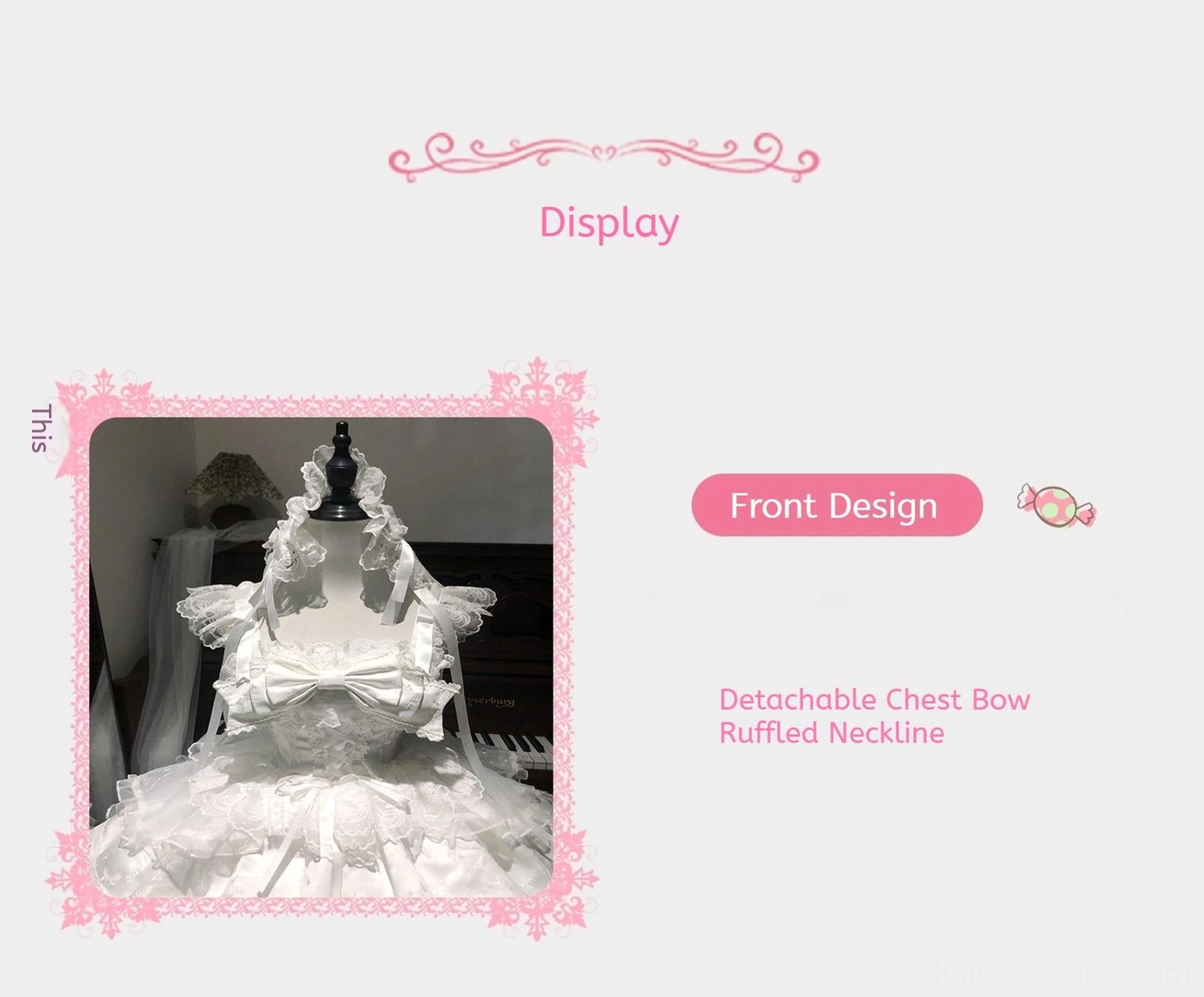Sweet lolita ballet-style jumper dress JSK detail view lace trim neckline ruffled layers design elements