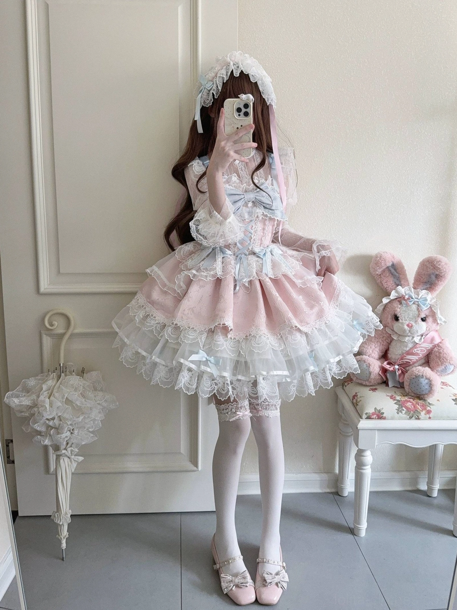 Sweet lolita ballet JSK fabric detail polyester texture quality construction close-up view